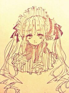 Rating: Safe Score: 0 Tags: 1girl bangs closed_mouth dress eyebrows_visible_through_hair frills image long_hair looking_at_viewer monochrome ribbon shinku simple_background solo traditional_media upper_body User: admin