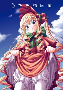 Rating: Safe Score: 0 Tags: 1girl :o blonde_hair bloomers blue_eyes blush bonnet bow bowtie cloud day dress drill_hair from_below green_bow image long_hair long_sleeves looking_at_viewer outdoors pantyhose shinku sky solo twin_drills twintails underwear very_long_hair white_legwear User: admin