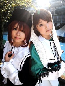 Rating: Safe Score: 0 Tags: 2girls 3d brown_eyes brown_hair dress hat lace lips long_sleeves looking_at_viewer multiple_cosplay multiple_girls realistic tagme white_legwear User: admin