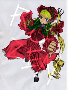 Rating: Safe Score: 0 Tags: 1girl blonde_hair blue_eyes bonnet bow bowtie dress drill_hair flower full_body green_bow grin image long_hair long_sleeves pink_rose red_capelet red_dress rose shinku shoes smile solo twintails very_long_hair User: admin