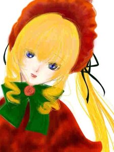 Rating: Safe Score: 0 Tags: 1girl bangs blonde_hair blue_eyes bonnet bow bowtie dress drill_hair flower green_bow image long_hair long_sleeves looking_at_viewer rose shinku simple_background solo upper_body white_background User: admin