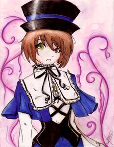 Rating: Safe Score: 0 Tags: 1girl brown_hair capelet green_eyes hat heterochromia image long_sleeves looking_at_viewer open_mouth red_eyes ribbon short_hair solo souseiseki traditional_media User: admin