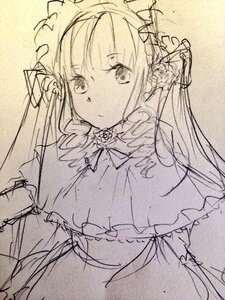 Rating: Safe Score: 0 Tags: 1girl auto_tagged bangs closed_mouth dress flower frills hairband image long_hair long_sleeves looking_at_viewer monochrome ribbon rose shinku solo traditional_media upper_body User: admin