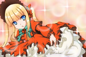 Rating: Safe Score: 0 Tags: 1girl :o bangs blonde_hair blue_eyes bonnet bow bowtie dress frills image long_hair long_sleeves looking_at_viewer open_mouth red_dress shinku sidelocks solo sparkle User: admin