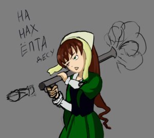 Rating: Safe Score: 0 Tags: 1girl brown_hair dress green_eyes heterochromia image long_hair open_mouth parody red_eyes solo suiseiseki weapon User: admin