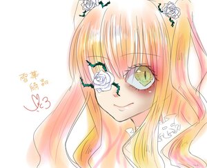 Rating: Safe Score: 0 Tags: 1girl bangs blonde_hair eyepatch face flower hair_flower hair_ornament image kirakishou long_hair looking_at_viewer portrait rose smile solo white_flower white_rose yellow_rose User: admin