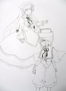 Rating: Safe Score: 0 Tags: 2girls capelet dress frills greyscale hat image long_hair long_sleeves looking_at_viewer monochrome multiple_girls pair ribbon short_hair smile souseiseki suiseiseki User: admin