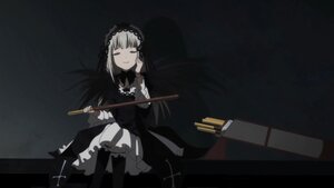 Rating: Safe Score: 0 Tags: 1girl boots closed_eyes closed_mouth dress frills gothic_lolita hairband holding image lolita_fashion long_hair long_sleeves silver_hair sitting smile solo suigintou weapon User: admin