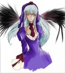 Rating: Safe Score: 0 Tags: 1girl black_wings blush detached_collar dress flower frills hairband image long_hair long_sleeves looking_at_viewer silver_hair simple_background solo suigintou wings User: admin