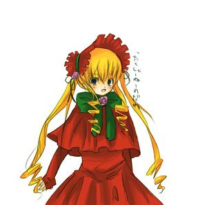 Rating: Safe Score: 0 Tags: 1girl auto_tagged blonde_hair blue_eyes blush bonnet bow bowtie capelet cowboy_shot dress drill_hair flower green_bow image long_hair long_sleeves looking_at_viewer open_mouth red_dress rose shinku simple_background solo standing twin_drills twintails very_long_hair white_background User: admin