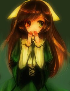 Rating: Safe Score: 0 Tags: 1girl bangs brown_hair dress green_background green_dress image long_hair long_sleeves looking_at_viewer simple_background solo suiseiseki upper_body very_long_hair User: admin