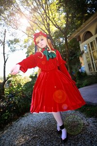 Rating: Safe Score: 0 Tags: 1girl blonde_hair blurry bow dress full_body long_hair long_sleeves outdoors red_dress shinku solo standing tree User: admin