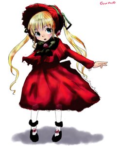 Rating: Safe Score: 0 Tags: 1girl blonde_hair blue_eyes blush bonnet bow bowtie capelet dress full_body image long_hair long_sleeves looking_at_viewer red_dress shinku shoes solo standing twintails white_background User: admin