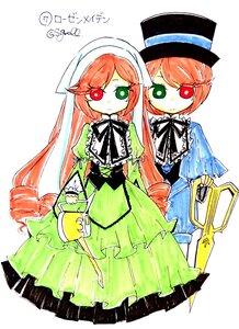 Rating: Safe Score: 0 Tags: 2girls black_ribbon brown_hair dress expressionless frills green_dress green_eyes hat heterochromia holding image long_hair long_sleeves looking_at_viewer multiple_girls pair red_eyes ribbon siblings simple_background sisters souseiseki suiseiseki top_hat twins very_long_hair watering_can User: admin