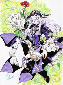 Rating: Safe Score: 0 Tags: 1girl boots cross-laced_clothes dress flower frilled_sleeves frills hairband image long_hair long_sleeves looking_at_viewer marker_(medium) pink_eyes purple_flower purple_rose ribbon rose solo suigintou traditional_media wings User: admin