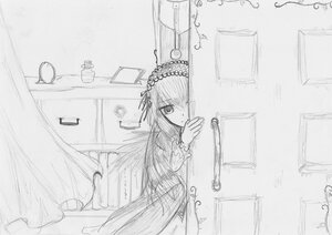 Rating: Safe Score: 0 Tags: 1girl door dress greyscale hair_over_one_eye hairband image lolita_hairband long_hair long_sleeves looking_at_viewer monochrome ribbon signature sketch solo suigintou traditional_media very_long_hair User: admin