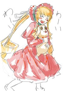 Rating: Safe Score: 0 Tags: 1girl :d animal auto_tagged blonde_hair blush closed_eyes dress holding image long_hair long_sleeves open_mouth shinku sketch smile solo white_background User: admin