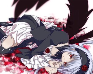 Rating: Safe Score: 0 Tags: 1girl black_wings bloomers boots dress flower frills hairband image lolita_fashion long_hair long_sleeves lying on_side red_eyes red_flower rose silver_hair solo suigintou wings User: admin