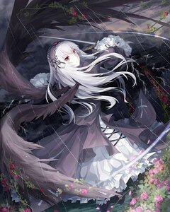 Rating: Safe Score: 0 Tags: 1girl black_wings closed_mouth cloudy_sky dress flower frilled_dress frills gothic_lolita hairband image lolita_fashion long_hair long_sleeves looking_at_viewer rain red_eyes red_flower red_rose rose silver_hair solo suigintou thorns very_long_hair wings User: admin