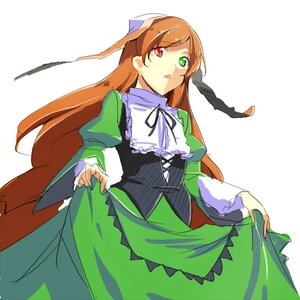 Rating: Safe Score: 0 Tags: 1girl :o brown_hair cowboy_shot dress frills green_dress green_eyes heterochromia image long_hair long_sleeves looking_at_viewer red_eyes simple_background skirt_hold solo suiseiseki very_long_hair white_background User: admin