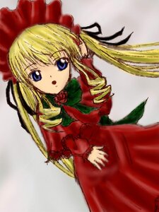 Rating: Safe Score: 0 Tags: 1girl blonde_hair blue_eyes bonnet bow bowtie cowboy_shot dress drill_hair flower green_bow grey_background image long_hair long_sleeves looking_at_viewer red_dress rose shinku simple_background solo standing twintails User: admin