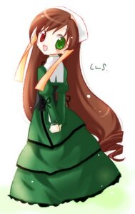 Rating: Safe Score: 0 Tags: 1girl :d brown_hair dress drill_hair full_body green_dress green_eyes hat head_scarf heterochromia image long_hair long_sleeves looking_at_viewer open_mouth red_eyes simple_background smile solo standing suiseiseki twin_drills very_long_hair white_background User: admin