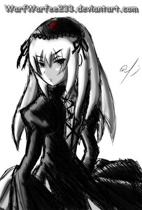 Rating: Safe Score: 0 Tags: 1girl closed_mouth dress greyscale hairband image lolita_hairband long_hair long_sleeves looking_at_viewer monochrome simple_background solo suigintou white_background wings User: admin