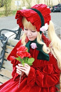 Rating: Safe Score: 0 Tags: 1girl bangs blonde_hair closed_eyes dress flower holding long_hair red_coat rose shinku smile solo traditional_media User: admin