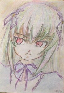 Rating: Safe Score: 0 Tags: 1girl black_ribbon dress hair_ribbon hairband image long_hair looking_at_viewer red_eyes ribbon simple_background solo suigintou traditional_media white_background User: admin