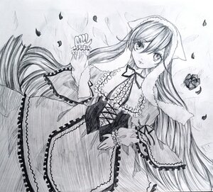 Rating: Safe Score: 0 Tags: 1girl dress frills graphite_(medium) greyscale hair_between_eyes image long_hair long_sleeves looking_at_viewer lying monochrome neck_ribbon on_back petals ribbon solo suiseiseki traditional_media very_long_hair User: admin