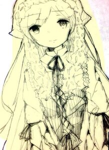 Rating: Safe Score: 0 Tags: 1girl bangs closed_mouth dress eyebrows_visible_through_hair frills image long_hair long_sleeves looking_at_viewer monochrome neck_ribbon ribbon sepia smile solo suiseiseki upper_body very_long_hair User: admin