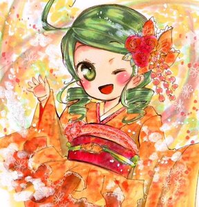 Rating: Safe Score: 0 Tags: 1girl ahoge blush drill_hair floral_print flower green_eyes green_hair hair_ornament image japanese_clothes kanaria kimono one_eye_closed open_mouth smile solo traditional_media twin_drills User: admin