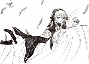 Rating: Safe Score: 0 Tags: 1girl dated dress feathered_wings feathers flower frills full_body greyscale hairband image long_hair long_sleeves looking_at_viewer monochrome ribbon rose signature simple_background solo suigintou very_long_hair white_background wings User: admin