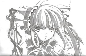 Rating: Safe Score: 0 Tags: 1girl bow greyscale hat image long_hair looking_at_viewer monochrome ribbon shinku simple_background smile solo traditional_media white_background User: admin