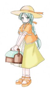 Rating: Safe Score: 0 Tags: 1girl bag braid dress full_body green_eyes green_hair hat image kanaria long_hair long_skirt long_sleeves looking_at_viewer solo solo_braid standing striped white_background User: admin