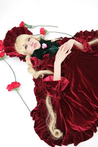 Rating: Safe Score: 0 Tags: 1girl blonde_hair blue_eyes dress flower lips red_dress red_flower red_rose rose shinku solo User: admin