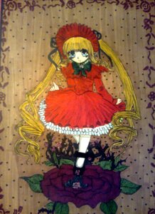 Rating: Safe Score: 0 Tags: 1girl auto_tagged blonde_hair blue_eyes bonnet bow bowtie dress flower image long_hair long_sleeves looking_at_viewer red_dress rose shinku solo twintails User: admin