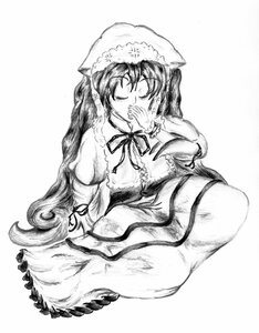 Rating: Safe Score: 0 Tags: 1girl closed_eyes dress greyscale hat image long_hair long_sleeves monochrome ribbon sitting solo suiseiseki traditional_media User: admin