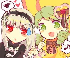 Rating: Safe Score: 0 Tags: 2girls flower green_eyes green_hair hairband hat heart image kanaria long_hair long_sleeves multiple_girls open_mouth pair red_eyes ribbon rose spoken_heart spoken_squiggle squiggle suigintou top_hat User: admin