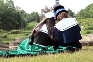 Rating: Safe Score: 0 Tags: brown_hair day field grass hat long_hair long_sleeves multiple_cosplay multiple_girls on_ground outdoors sailor_collar school_uniform sitting tagme tree User: admin