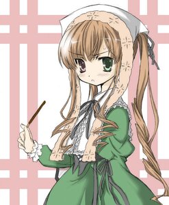 Rating: Safe Score: 0 Tags: 1girl black_ribbon blush brown_hair dress frills green_dress green_eyes head_scarf heterochromia image long_hair long_sleeves ribbon solo striped striped_background suiseiseki twintails very_long_hair User: admin