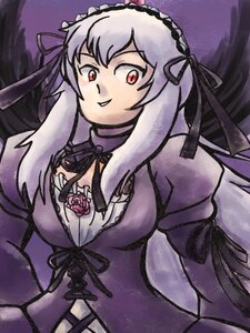 Rating: Safe Score: 0 Tags: 1girl black_ribbon breasts dress flower frills hairband image long_hair long_sleeves looking_at_viewer purple_rose red_eyes ribbon rose silver_hair smile solo suigintou User: admin