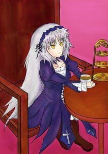 Rating: Safe Score: 0 Tags: 1girl breasts chair cleavage collarbone cup dress eyebrows_visible_through_hair image jeanne_d'arc_(alter)_(fate) juliet_sleeves long_hair long_sleeves looking_at_viewer silver_hair sitting smile solo suigintou table very_long_hair yellow_eyes User: admin