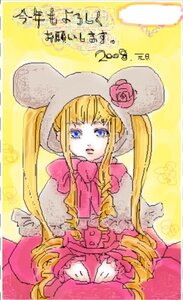 Rating: Safe Score: 0 Tags: 1girl blonde_hair blue_eyes bonnet bow bowtie dress drill_hair flower hood image long_hair pink_bow pink_rose rose shinku sidelocks solo striped striped_background twin_drills vertical_stripes User: admin