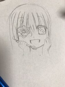 Rating: Safe Score: 0 Tags: 1girl bangs eyebrows_visible_through_hair flower greyscale holding holding_flower image kirakishou looking_at_viewer monochrome open_mouth photo rose smile solo star_(symbol) traditional_media User: admin