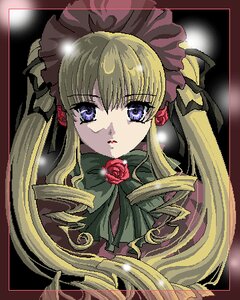 Rating: Safe Score: 0 Tags: 1girl black_border blonde_hair blue_eyes bonnet bow bowtie drill_hair flower green_bow image long_hair looking_at_viewer pink_rose rose shinku solo twintails upper_body User: admin
