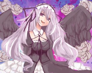 Rating: Safe Score: 0 Tags: 1girl :d black_wings dress feathered_wings flower frills hairband image long_hair long_sleeves looking_at_viewer open_mouth purple_eyes ribbon rose silver_hair smile solo suigintou very_long_hair wings User: admin