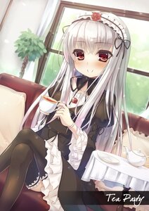 Rating: Safe Score: 0 Tags: 1girl asa_(swallowtail) black_legwear blush commentary_request couch crossed_legs cup doll_joints dress dutch_angle frills garters gothic_lolita hairband highres image joints lolita_fashion lolita_hairband long_hair looking_at_viewer photoshop_(medium) red_eyes rose rozen_maiden saucer silver_hair sitting smile solo suigintou tea teacup teapot thighhighs window User: admin