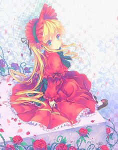 Rating: Safe Score: 0 Tags: 1girl blonde_hair blue_eyes bow capelet dress flower hairband image lolita_fashion long_hair long_sleeves petals pink_flower pink_rose red_dress red_flower red_rose ribbon rose rose_petals shinku shoes sitting solo User: admin