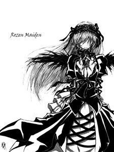 Rating: Safe Score: 0 Tags: 1girl black_wings dress frills greyscale hairband image long_hair long_sleeves monochrome simple_background solo standing suigintou white_background wings User: admin